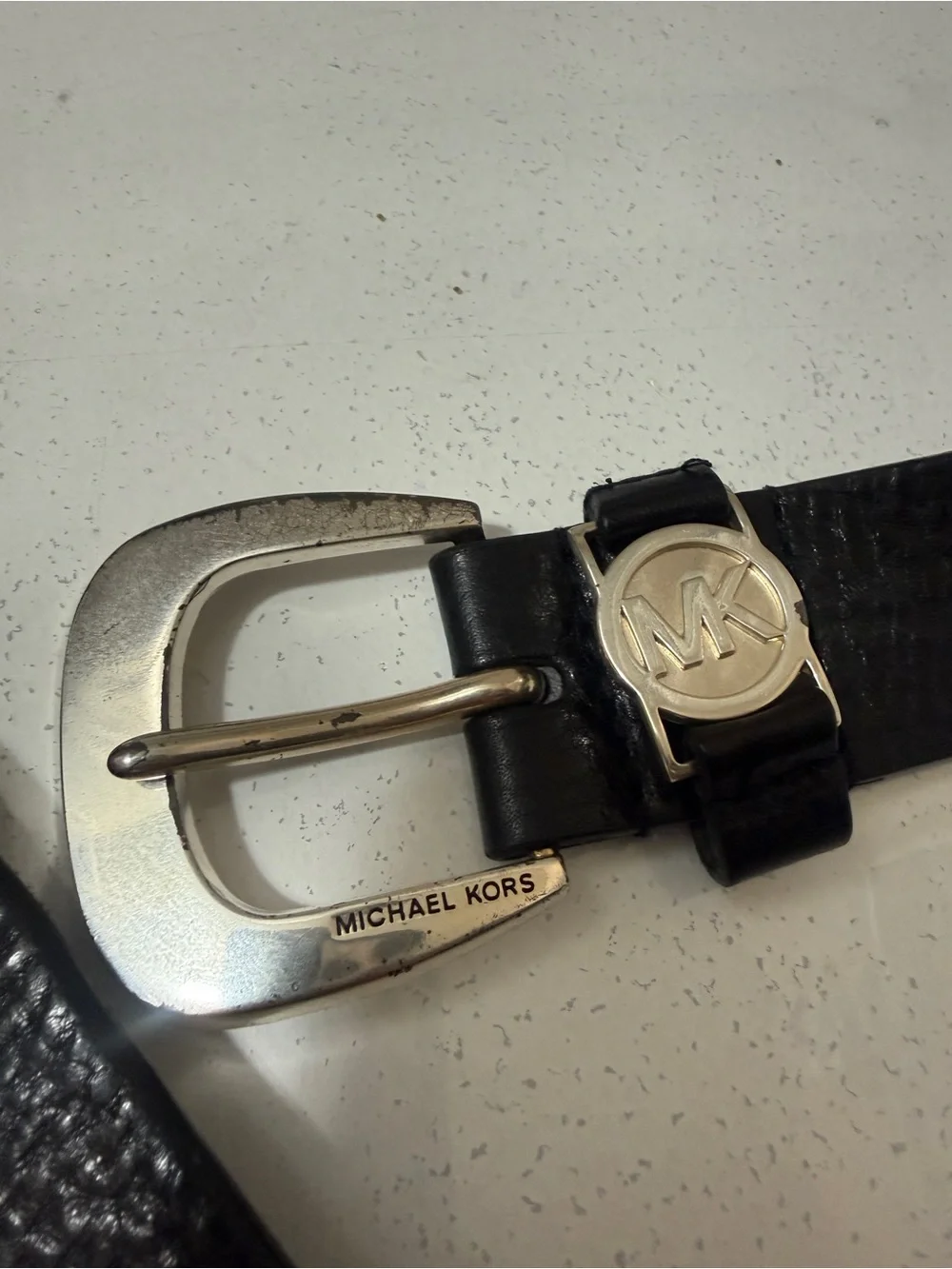 Michael Kors Pure Black Leather Belt with Silver MK Emblem